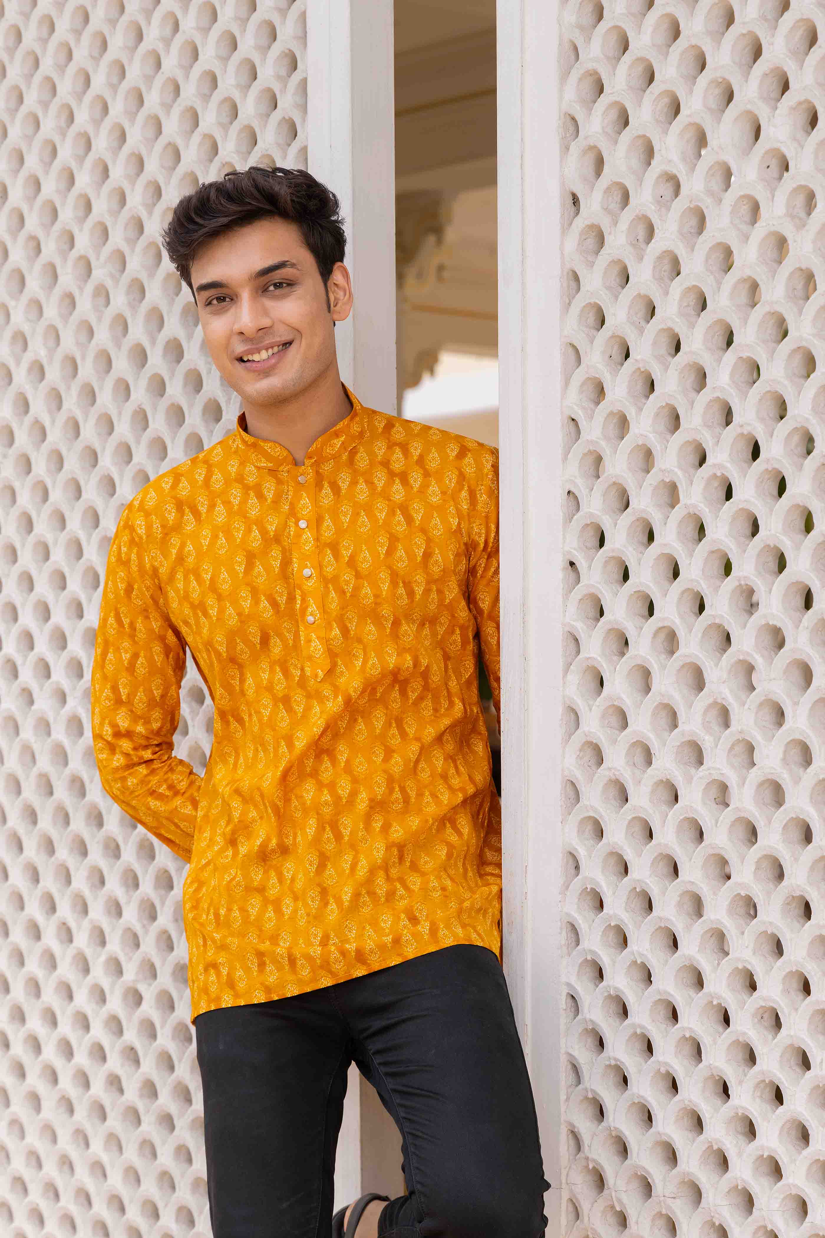 Yellow Motif Printed Cotton Short Kurta
